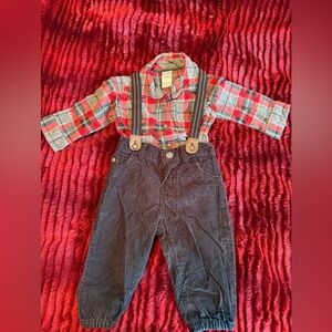 Carter's Flannel Onesie with Black Corduroy Pants with Suspenders